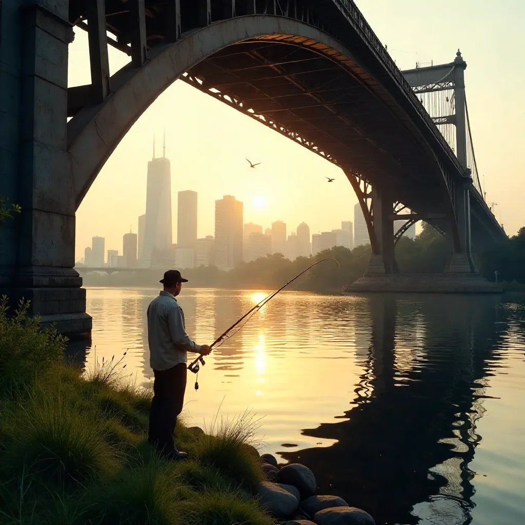 Serene Riverside Fishing Under a Bridge with City Skyscrapers
