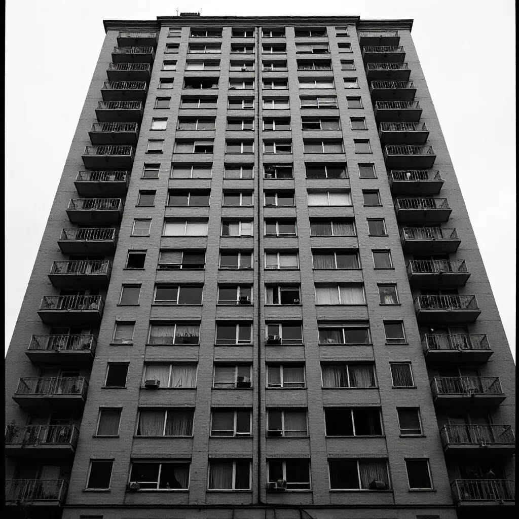 Symmetrical Black-and-White High-Rise with Closed Shutters