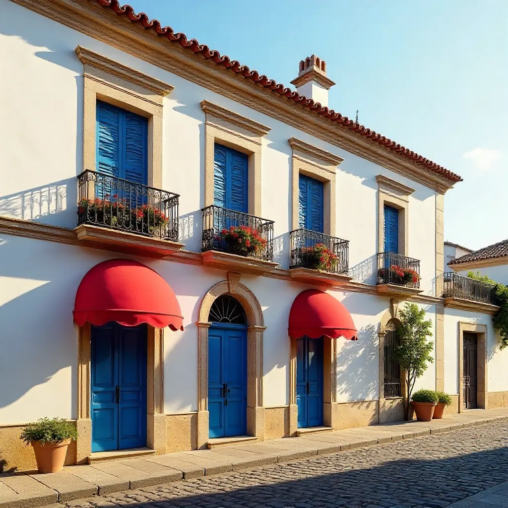 Elegant Málaga Facade with Red Awnings