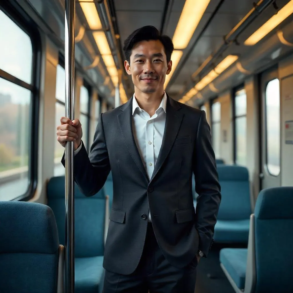 Confident Asian Man in a 3D Train Interior
