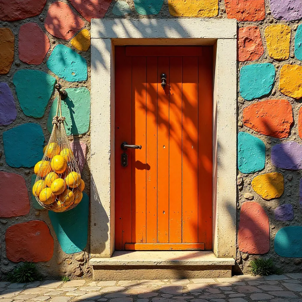 Bright Orange Door on a Colorful Stone Wall