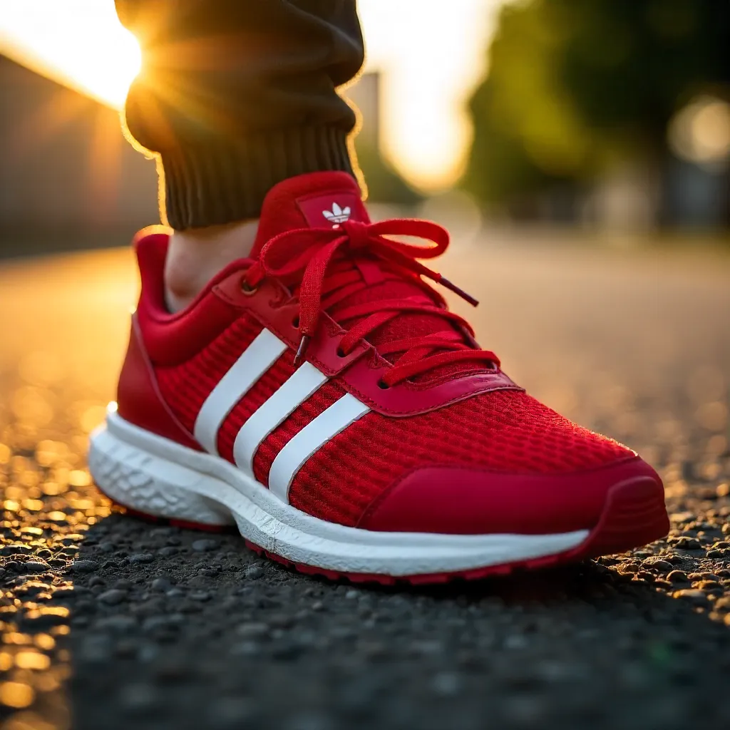 Sunlit Red Sneaker Close-Up on Pavement