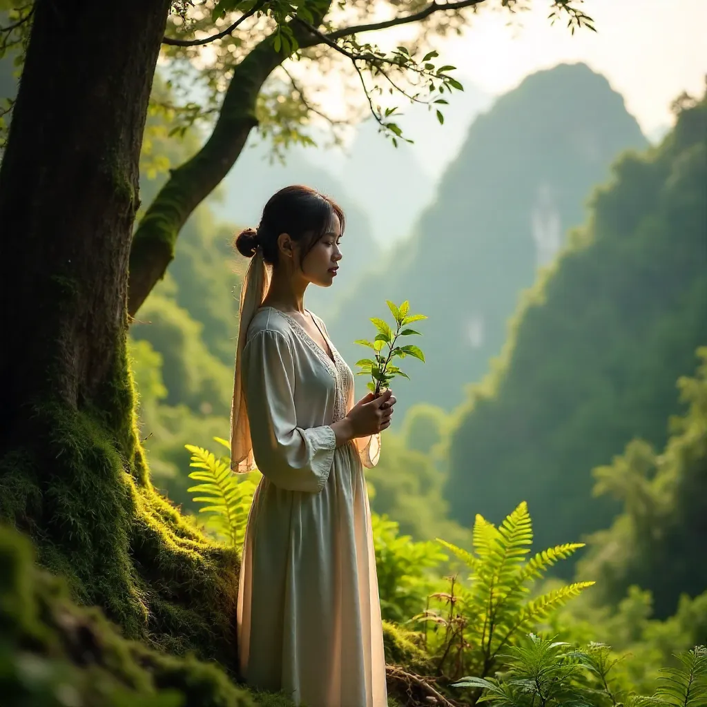 Calm Moment in Hà Giang Forest: Woman with a Sapling