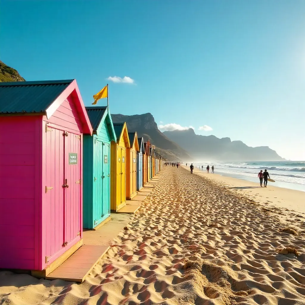 Vibrant Muizenberg Beach Huts at Sunset