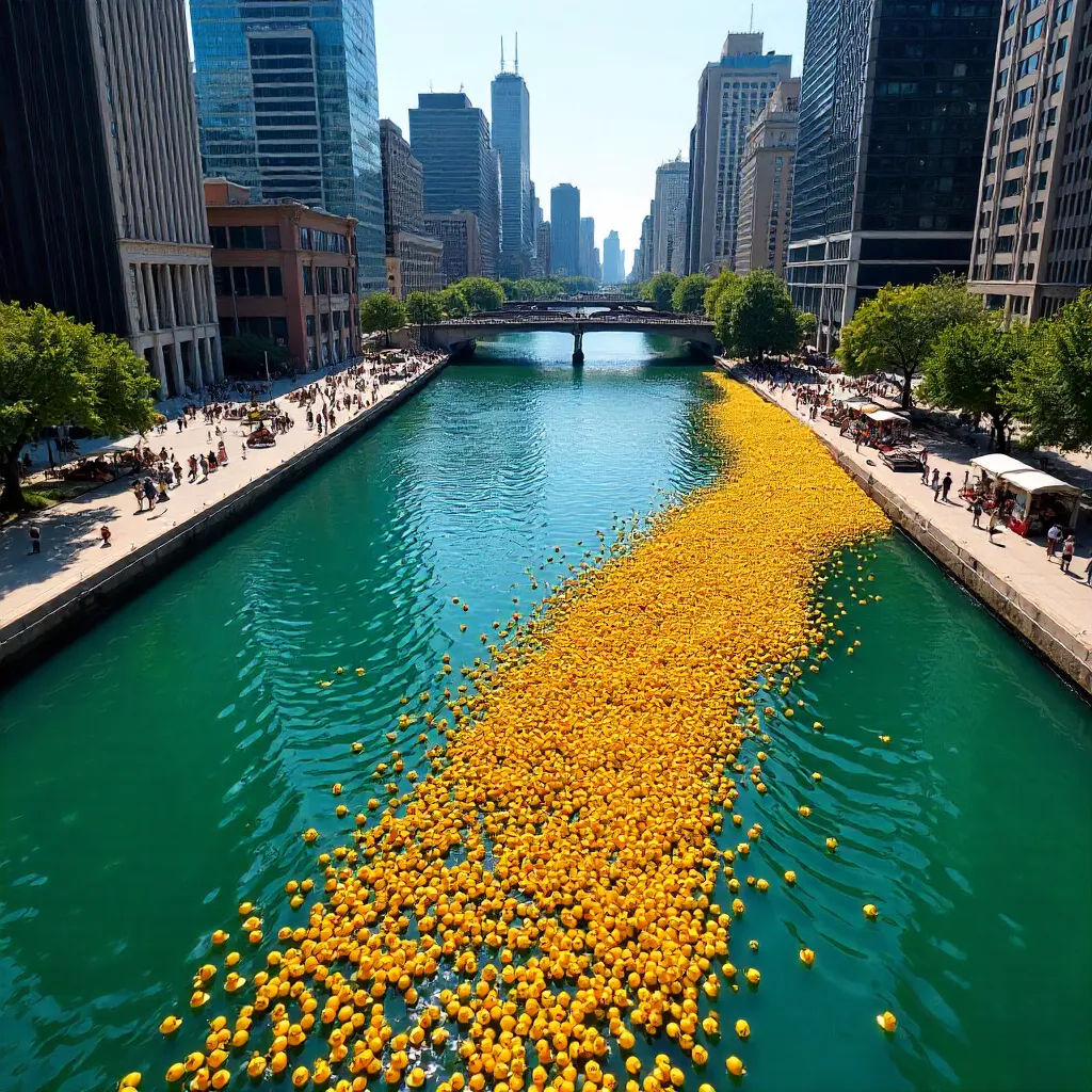 Aerial Rubber Ducks over Chicago River for Charity