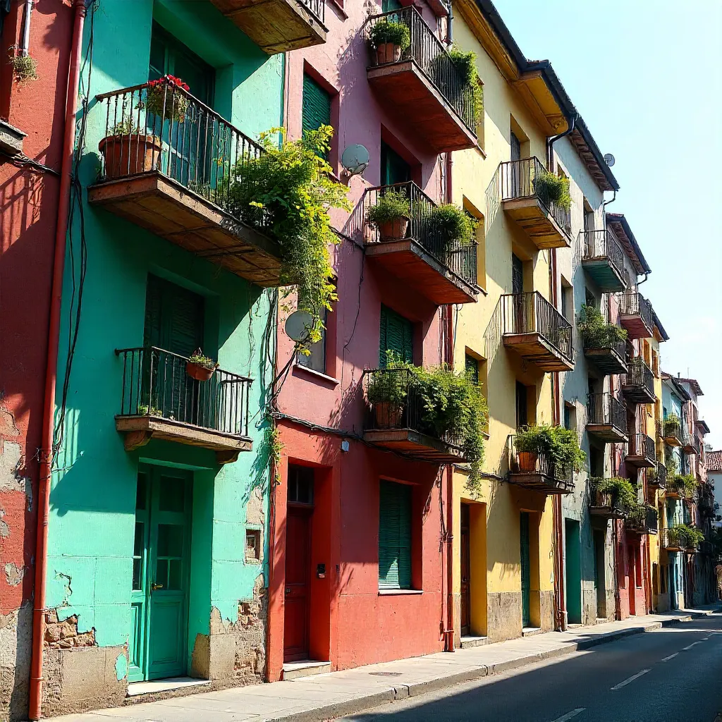 Vibrant Facade: Balconies with Plants and Dishes