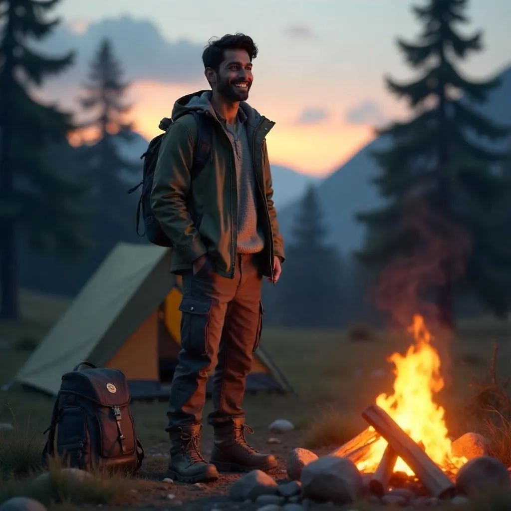 Handsome Indian man at a campsite - 3D render