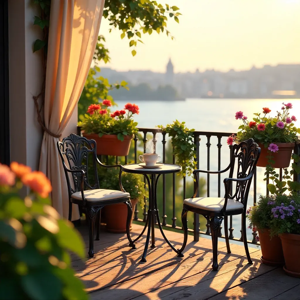Sunlit Balcony: Coffee, Wrought Iron Chairs, Relaxation