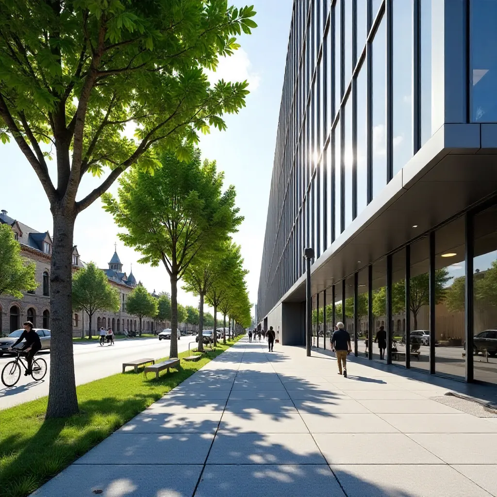 Sunny Urban Trees by Modern Building Facade