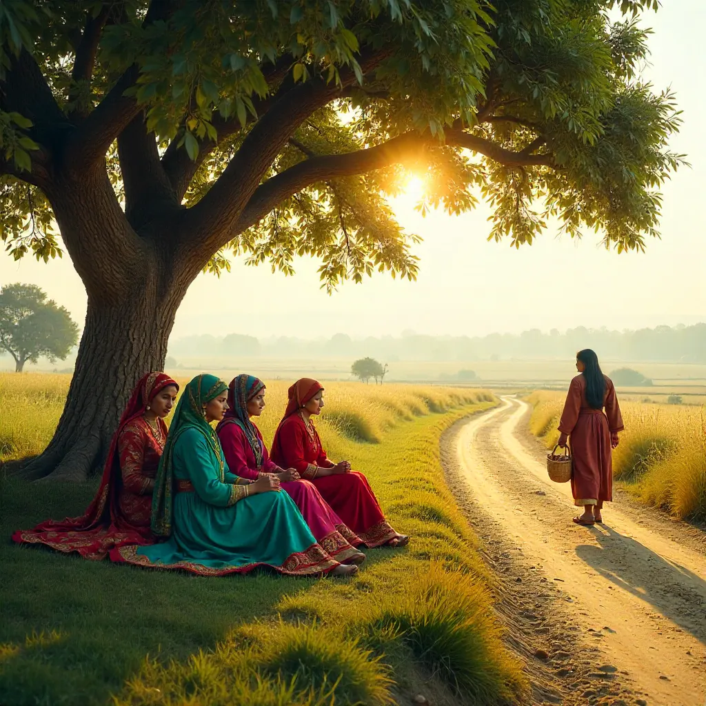 Women in Vibrant Traditional Attire Rest Under a Tree