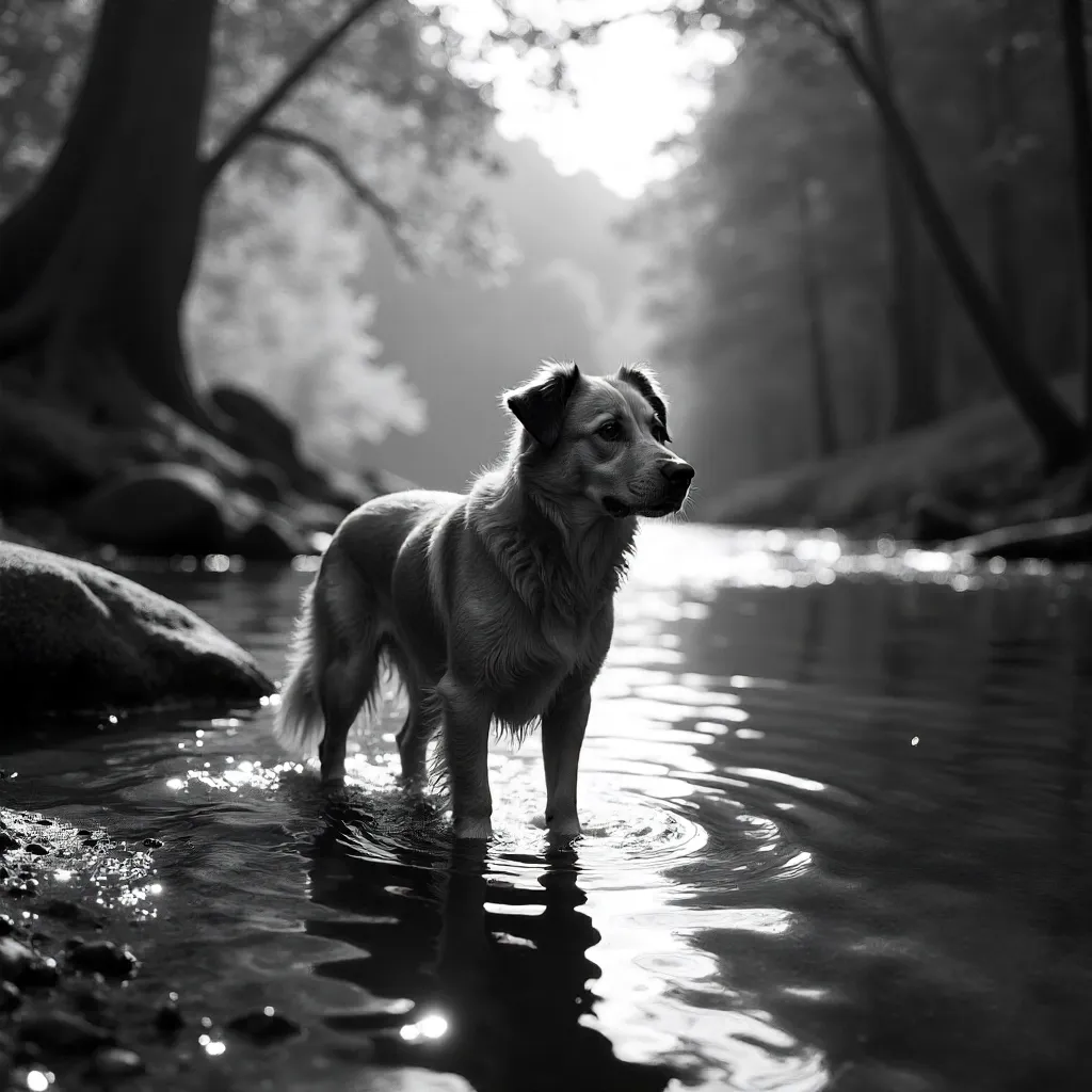 Monochrome Dog in a Quiet River Scene