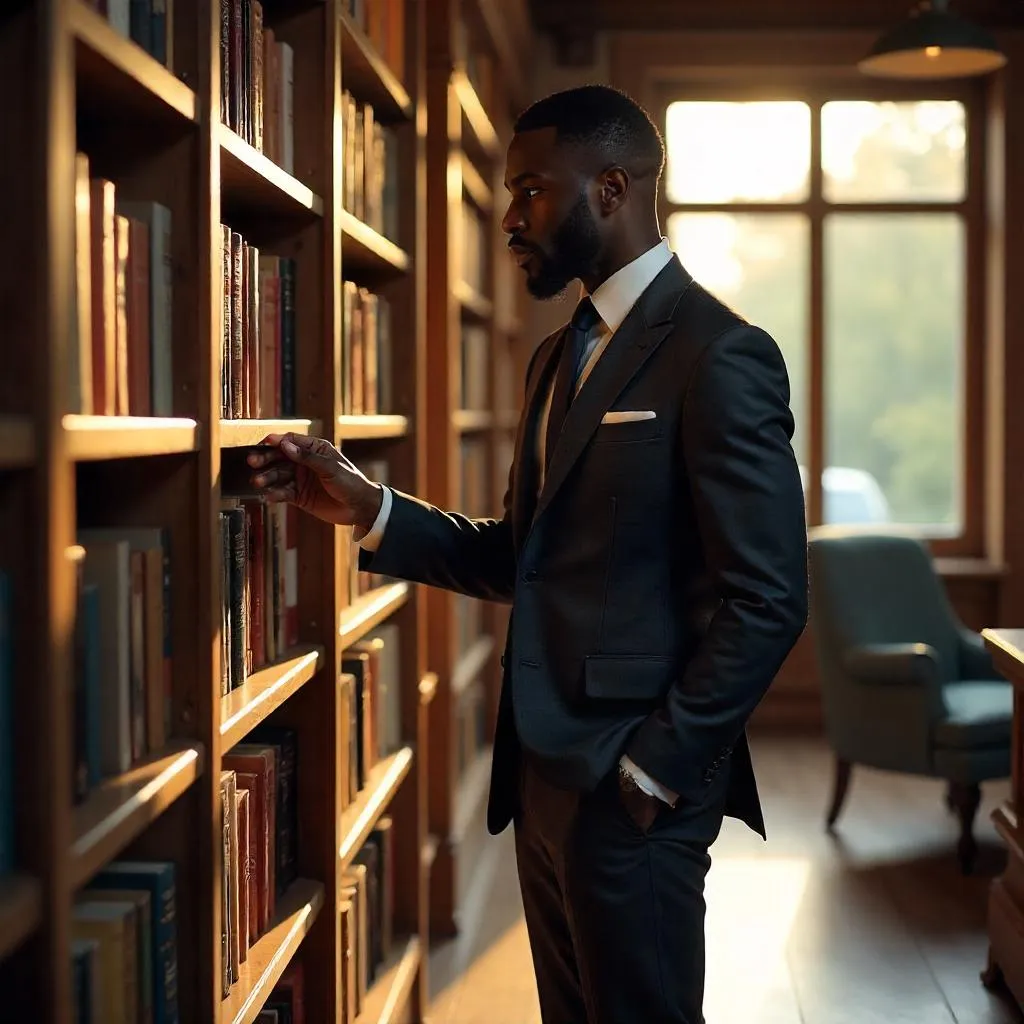 Elegant Black Man in a Sunlit Bookstore