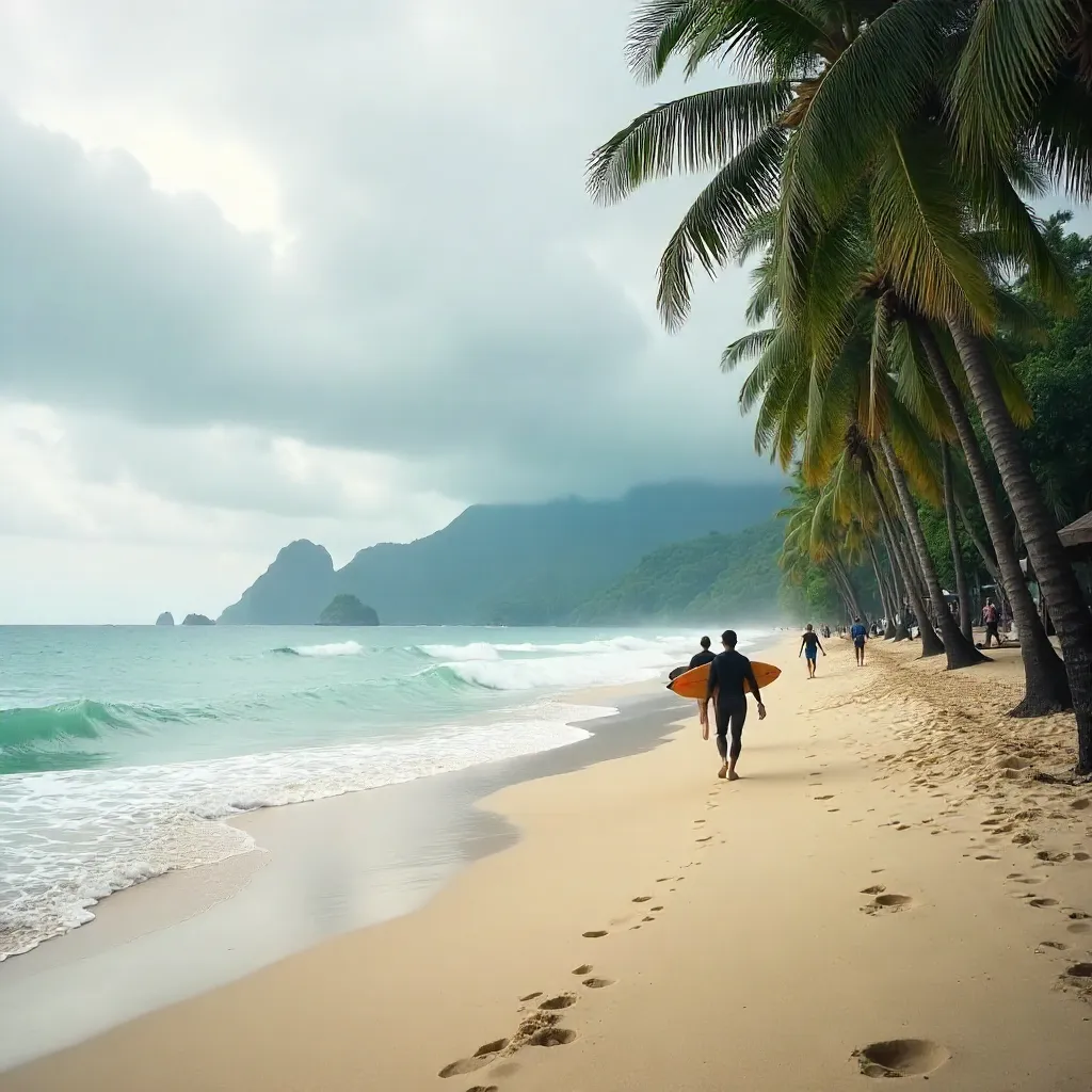 Cloudy Bali Beach: Surfers Heading to the Waves