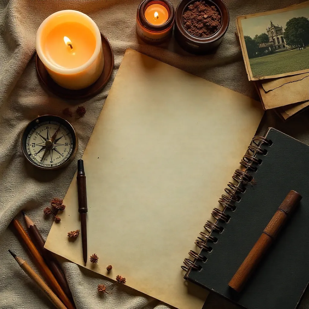 Warm Flat Lay with Candle, Compass, Photos and Art Supplies