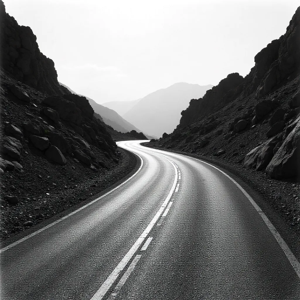 Winding Road Through Rocky Calm in Black and White