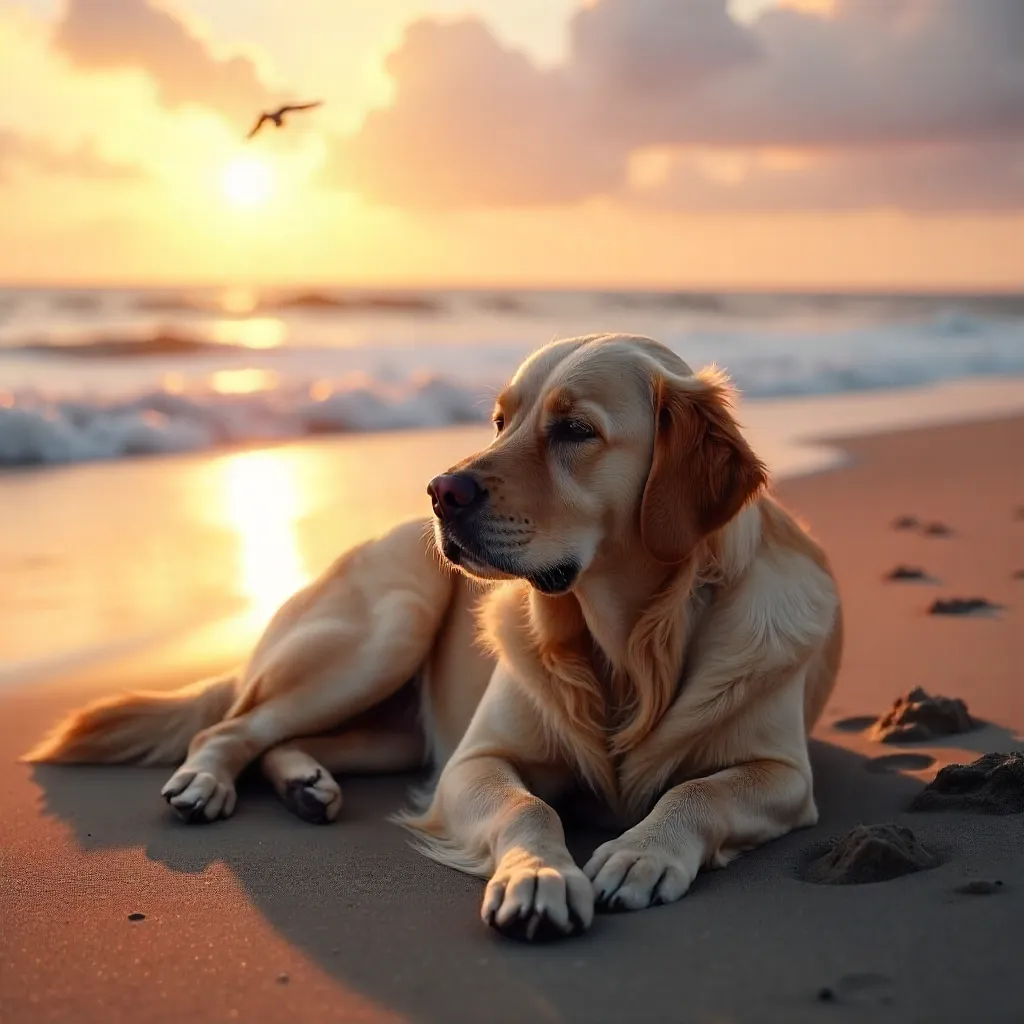 Golden Retriever Resting on Sandy Beach at Sunset