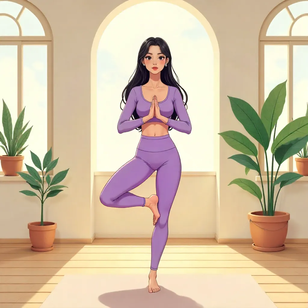 Elegant Asian Woman in Anime-Style Yoga Studio