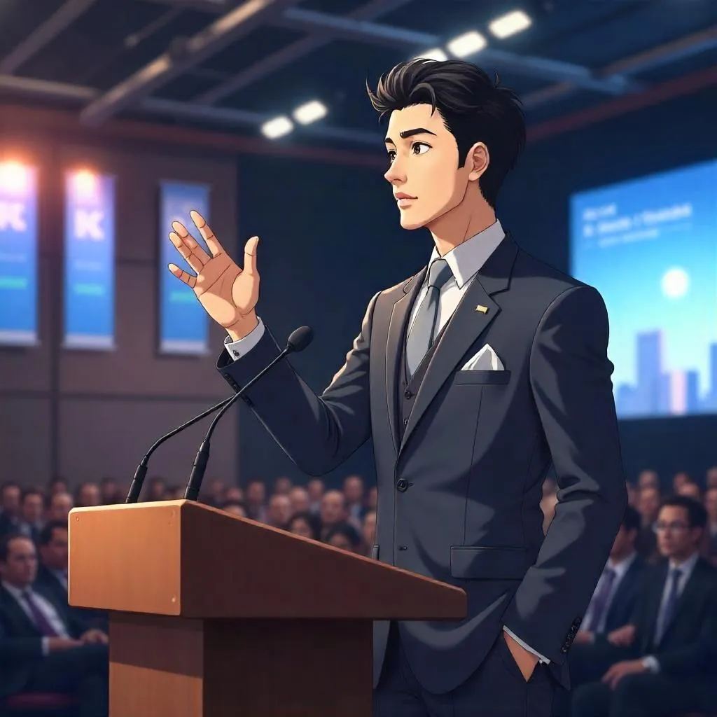 Elegant Asian Man on Stage at Anime Conference