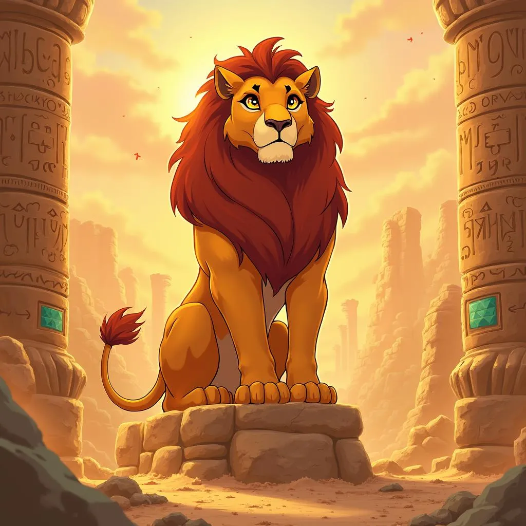 Regal Anime Lion in Ancient Ruins