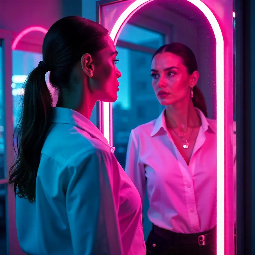 Neon Mirror Moment: White Shirt in Urban Chic
