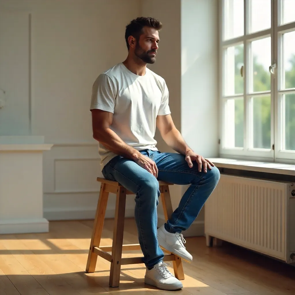 Man in Casual Attire Sitting on a Stool in a Bright Studio