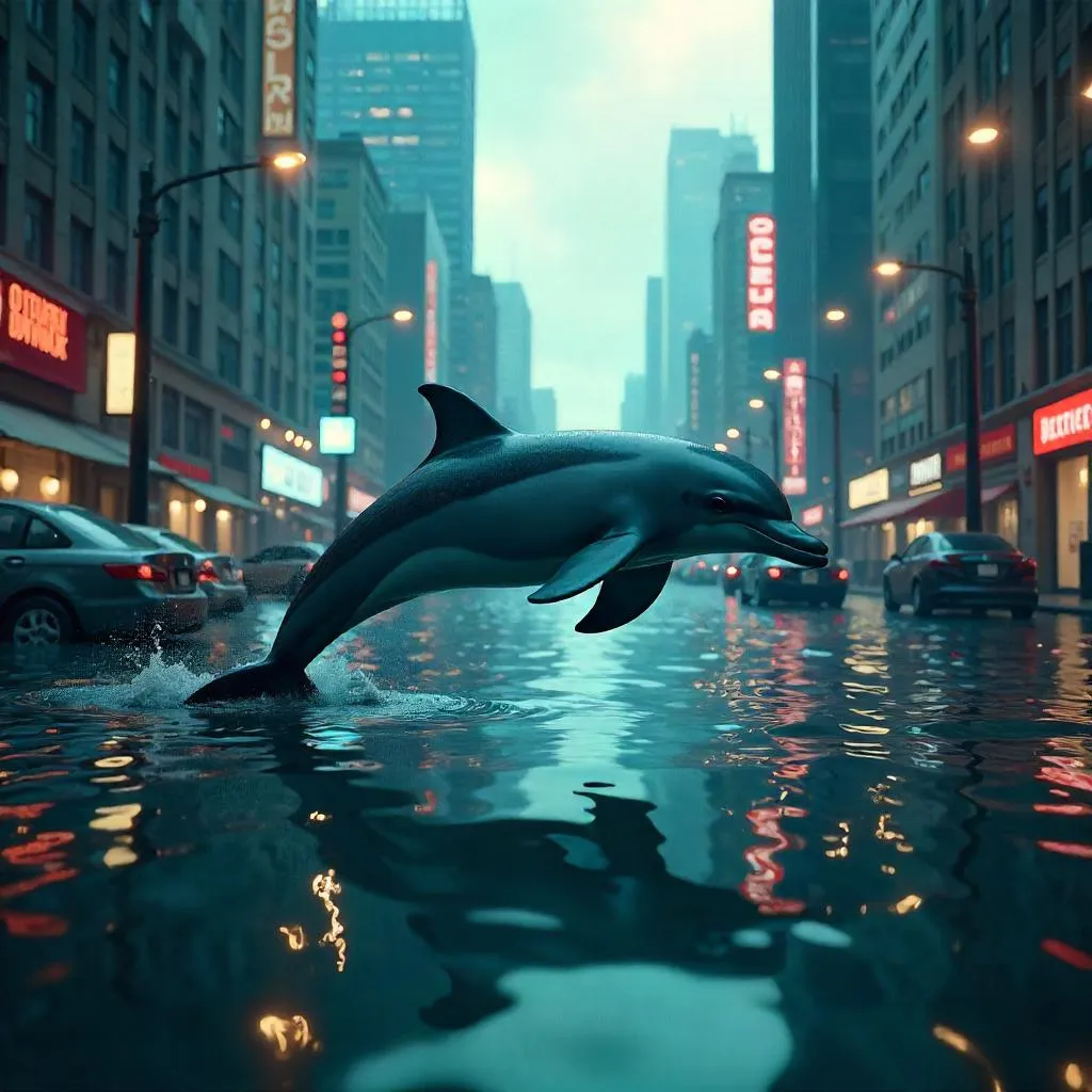 Dolphin Through a Submerged City in 3D Render