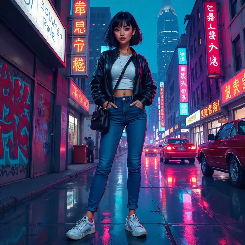 Confident Asian Woman in Neon City — Cartoon Style