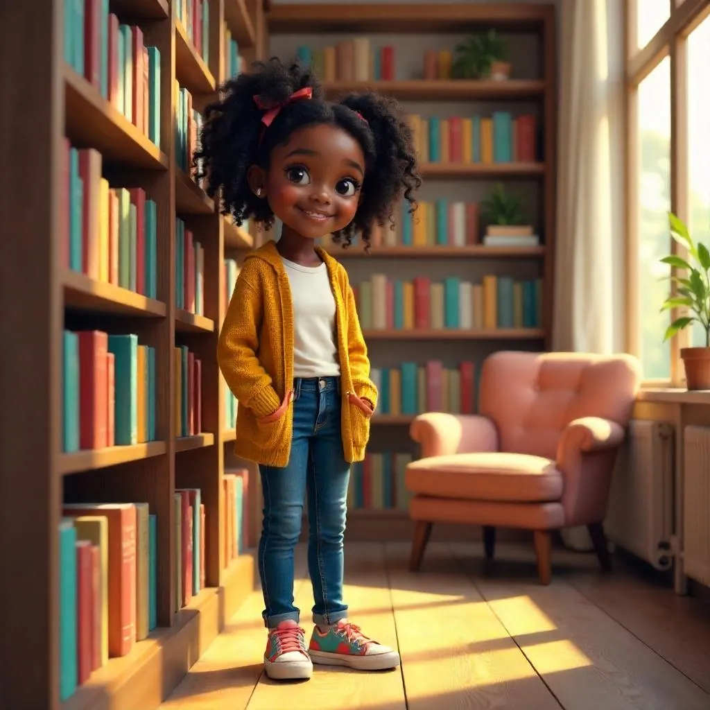 A joyful Black girl in a cozy bookstore