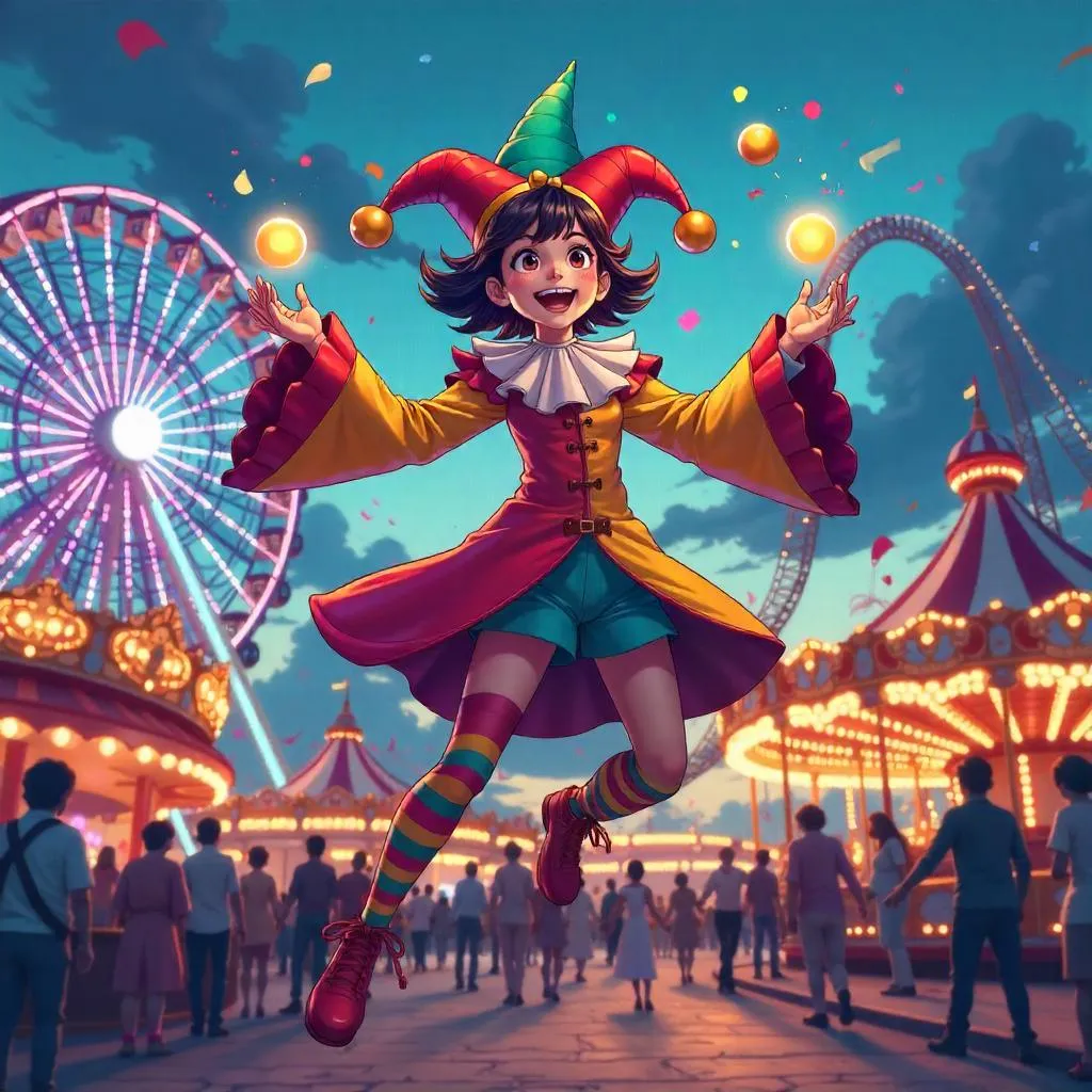 Anime Jester at a Neon Amusement Park