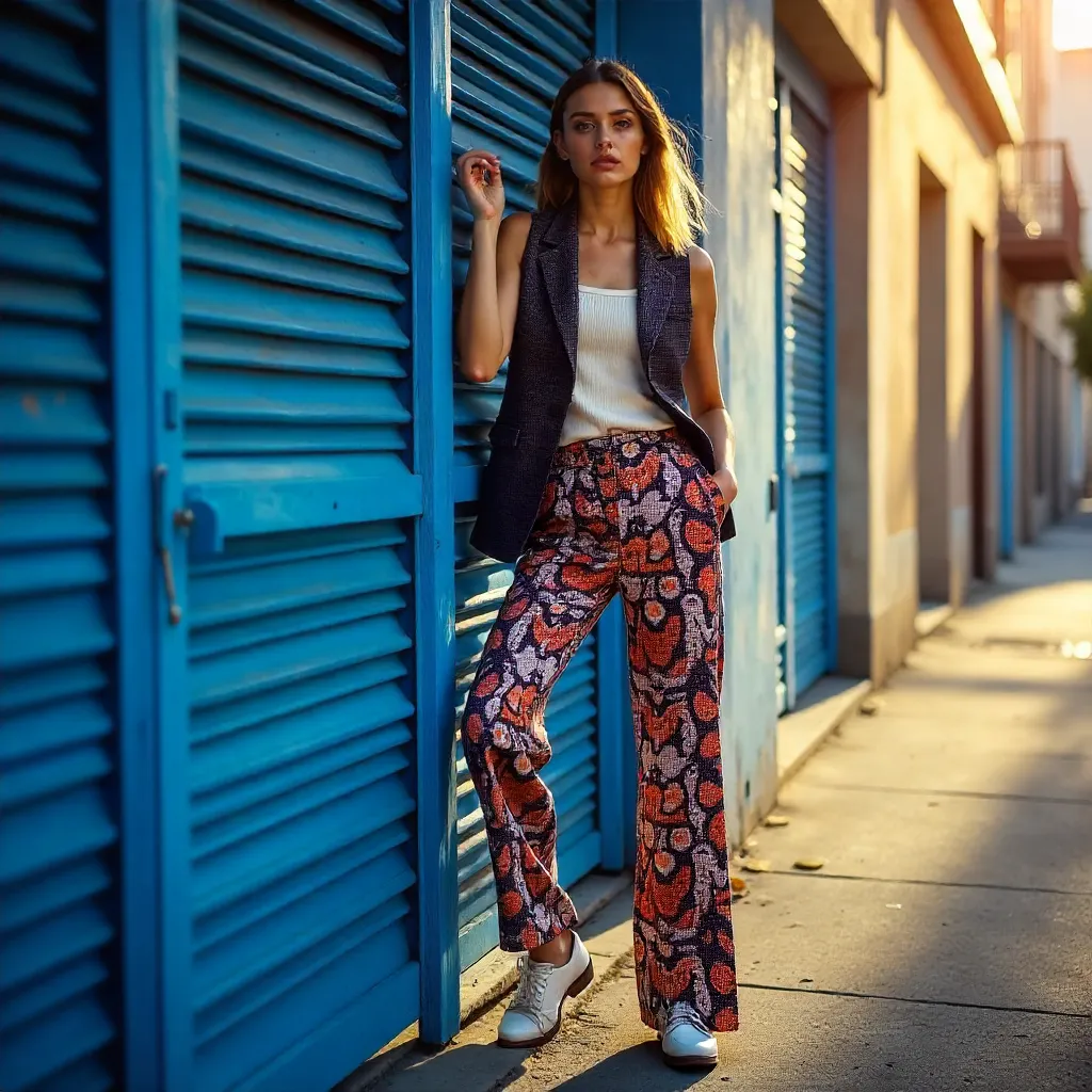 Stylish Adult in Patterned Pants and Vest by Blue Shutters