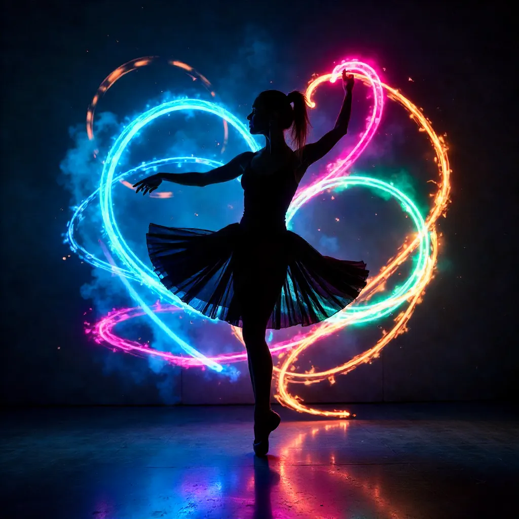 Silhouette Dancer with Neon Light Painting Backdrop