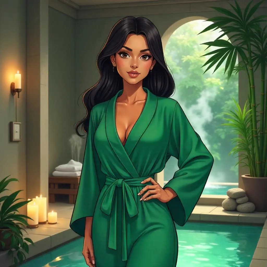 Confident Latina in a Tranquil Spa - Anime Style