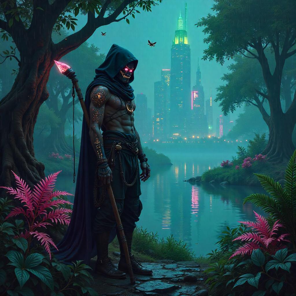 Neon Shaman in a Bio-luminescent Garden