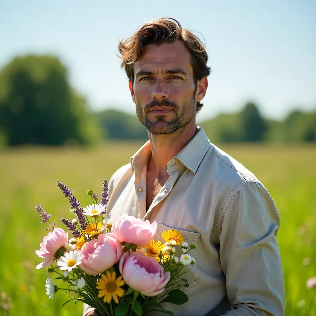 Calm Outdoor Portrait: Man with Flowers Under Blue Sky