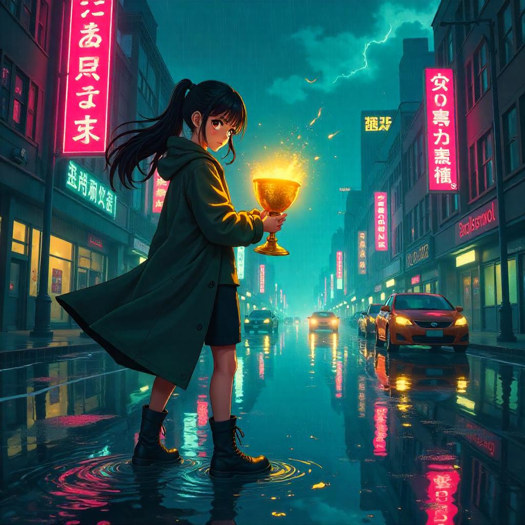 Golden Chalice Amid Neon Flooded Streets