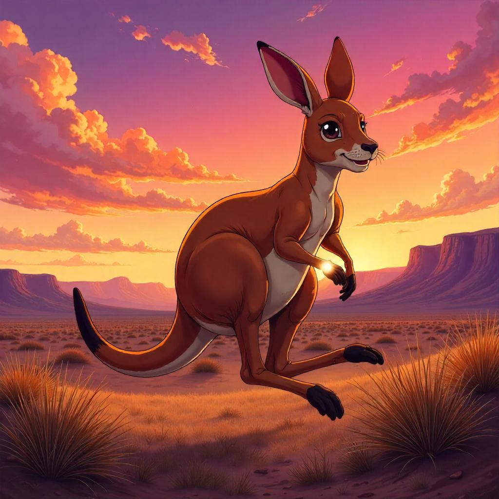 Kangaroo in Anime Painting at Sunset
