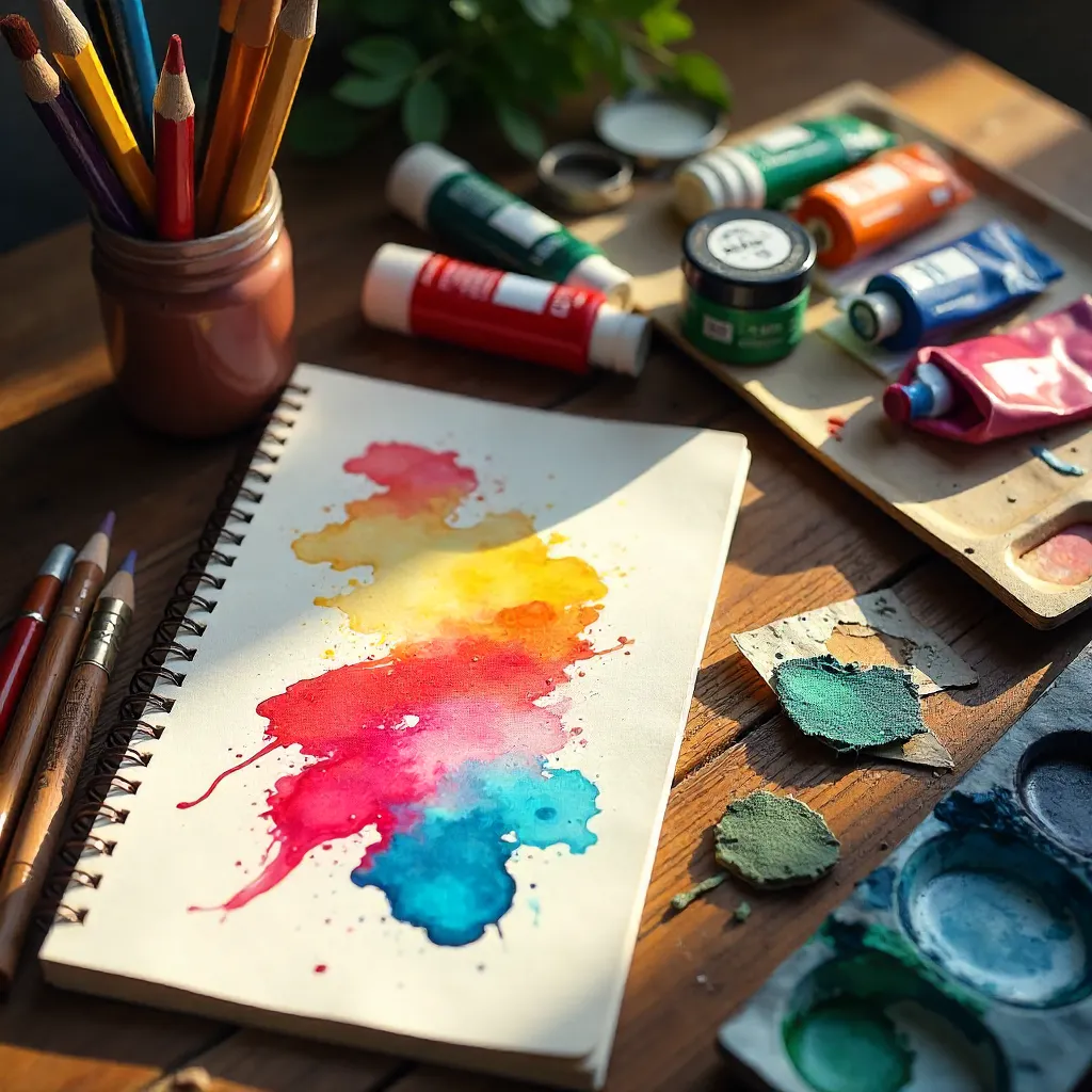 Colorful Art Supplies on a Wooden Desk
