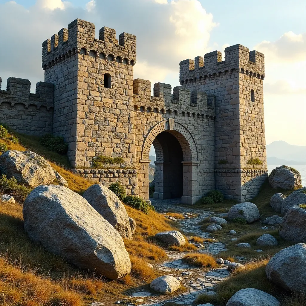 Ancient Fortress with Giant Rocks in Golden Hour