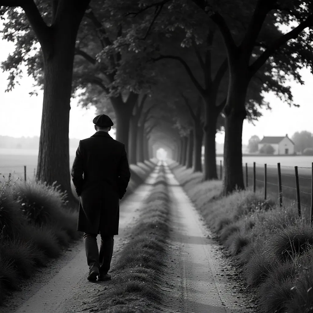 Serene Beret Stroll on a Tree-Lined French Lane