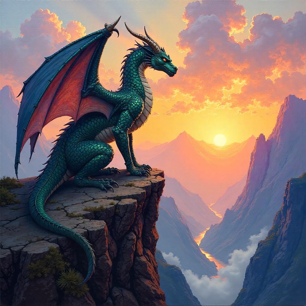Dawn Ascendant: A Wyvern in Oil at Sunrise