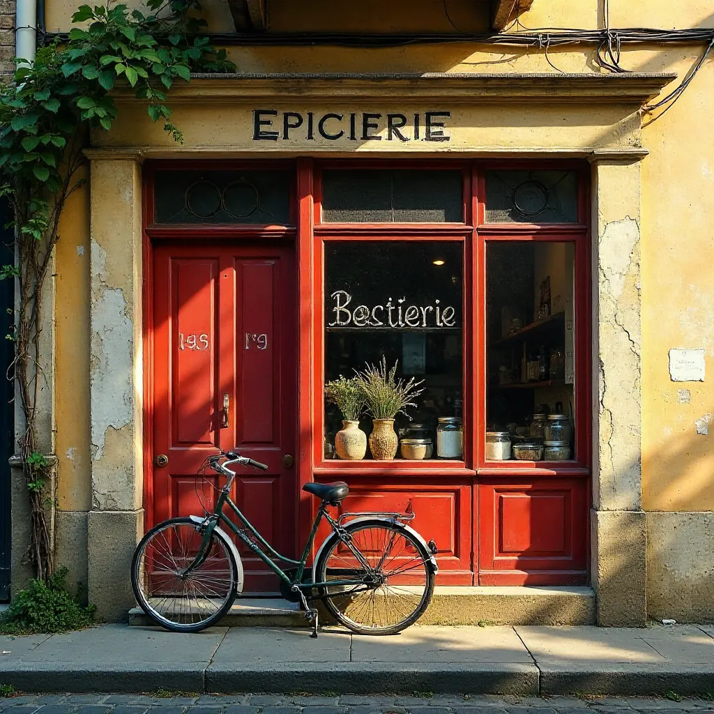 Jonzac Vintage Shopfront: Faded Red Doors