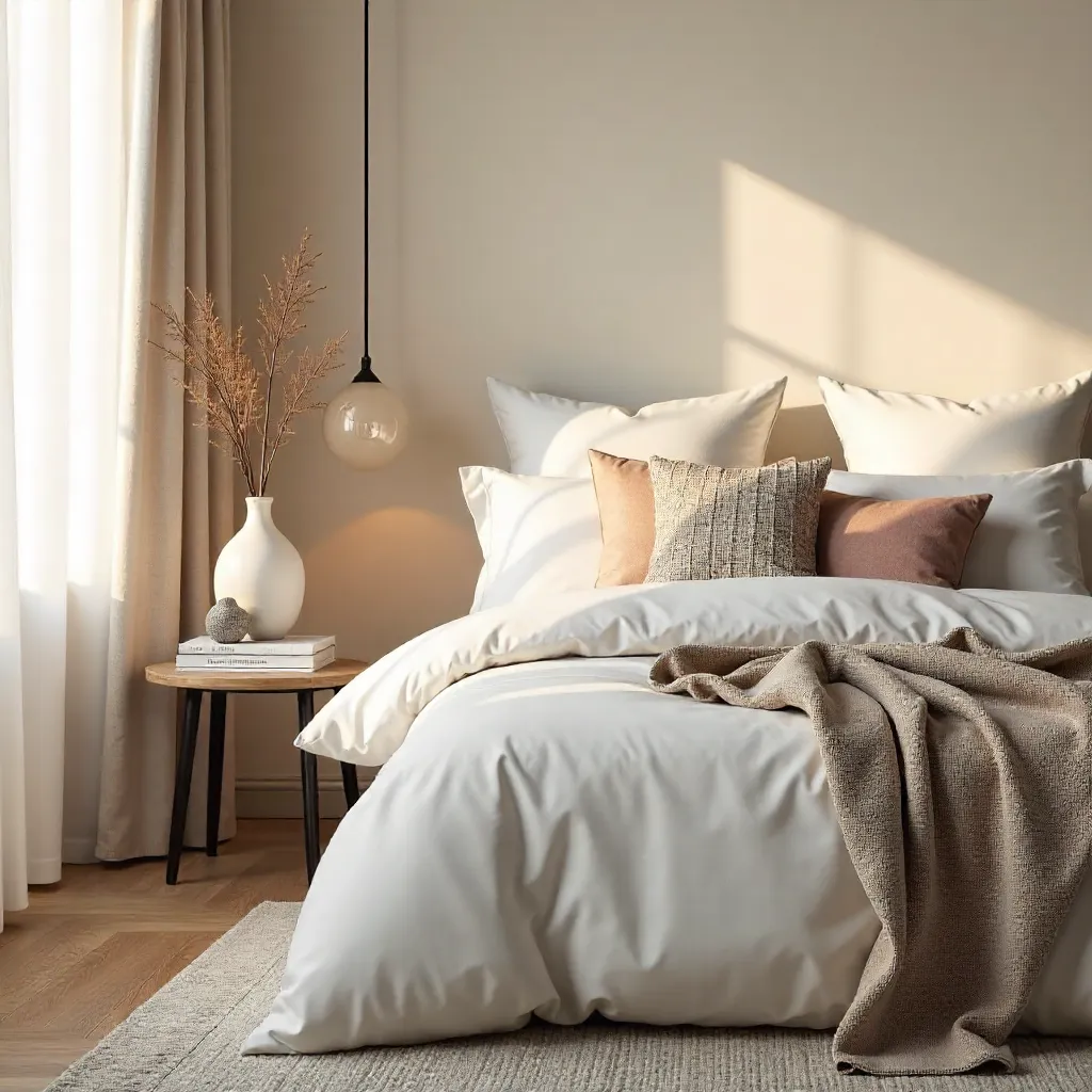 Modern Bedroom: Plush Pillows and Minimalist Side Table