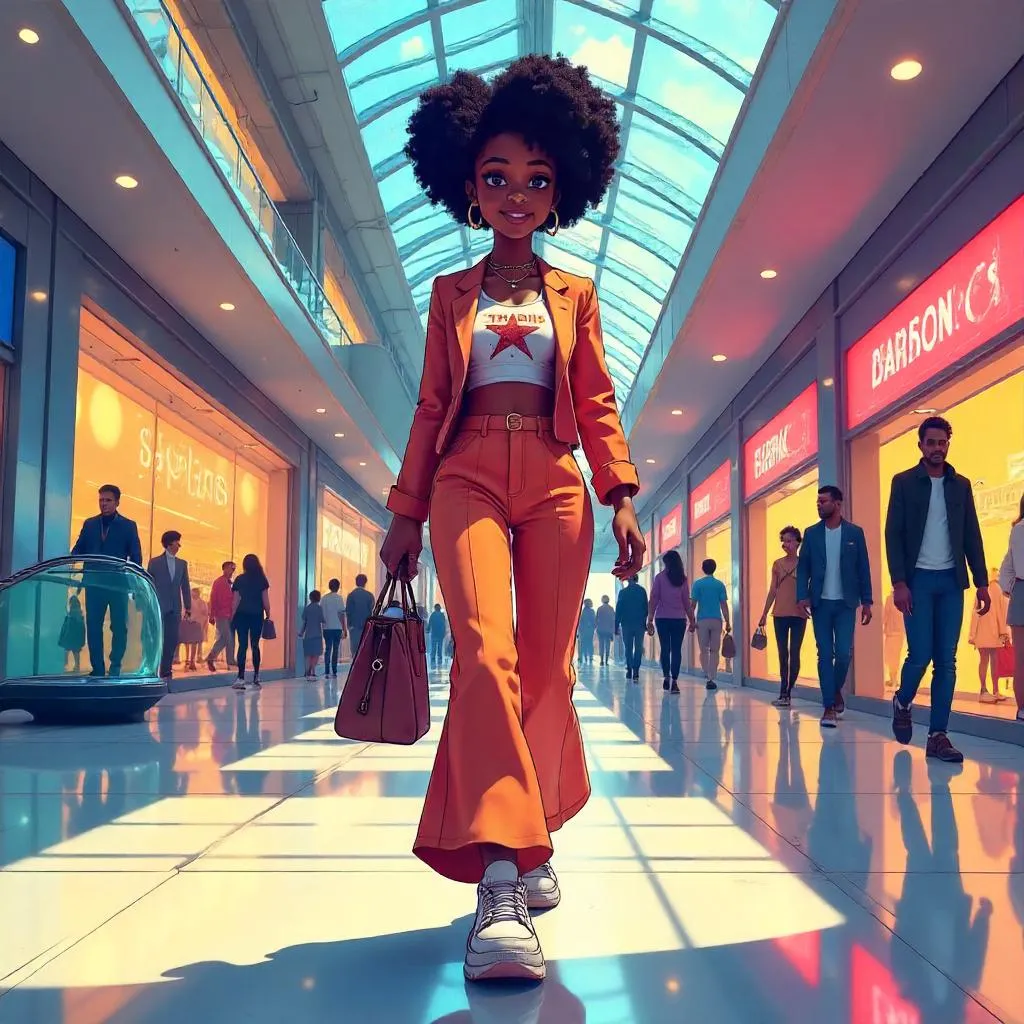 Anime-Style Black Girl in a Lively Mall