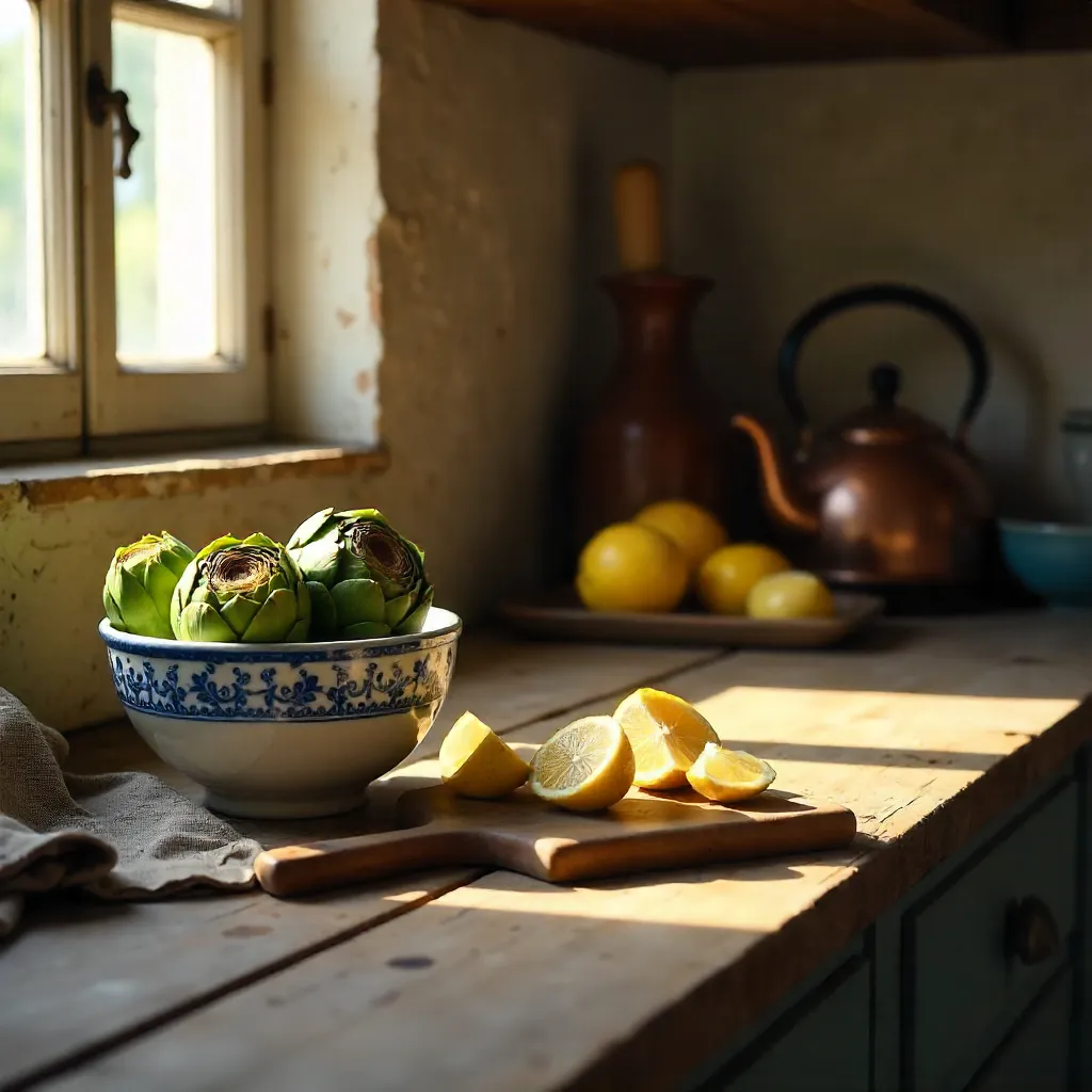 Sunlit Rustic Kitchen: Artichokes and Lemons in a Bowl