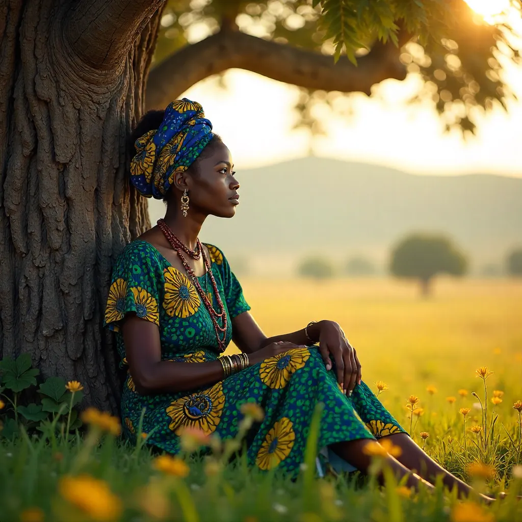Thoughtful Woman in Colorful African Attire by a Tree