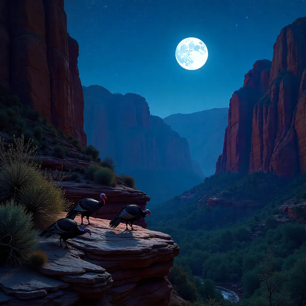 Moonlit Wild Turkeys in Zion's Red Rocks