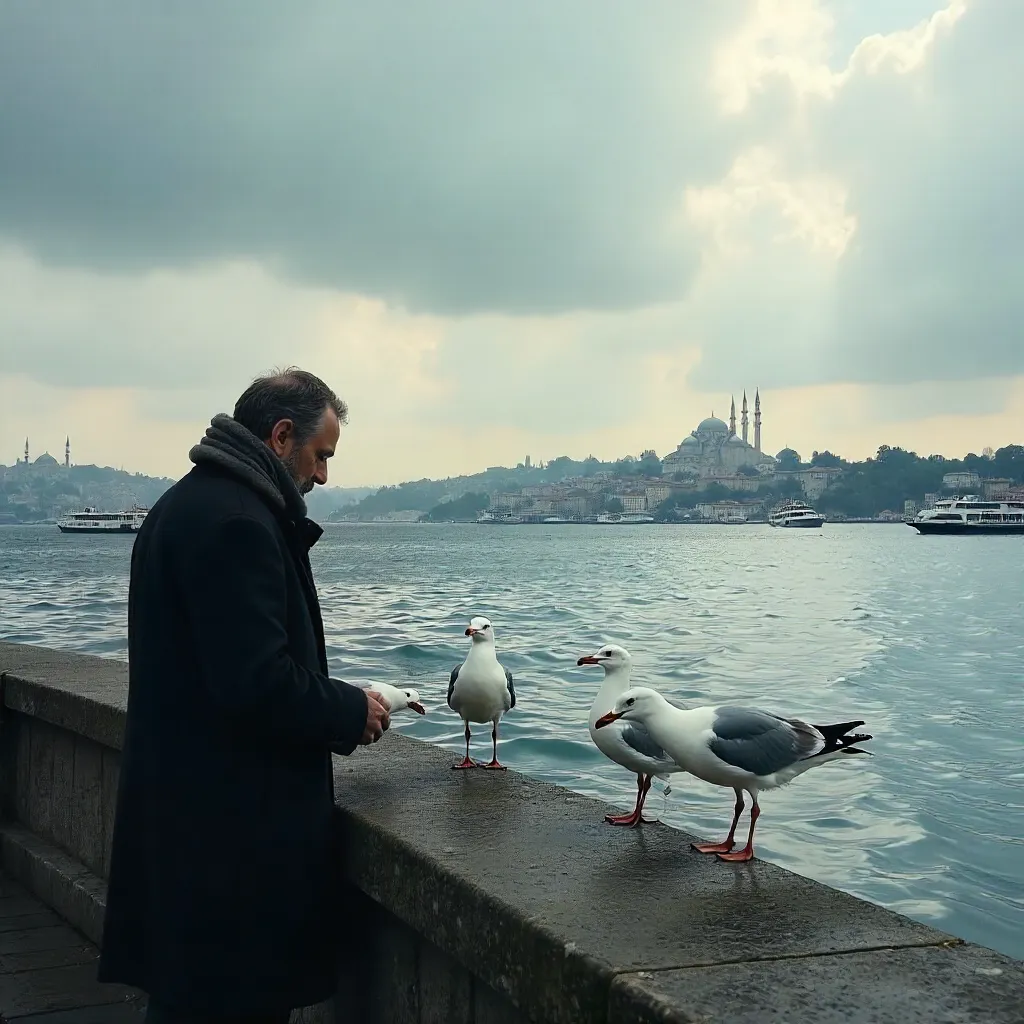 Seagulls by the Bosphorus, Istanbul on a Cloudy Day