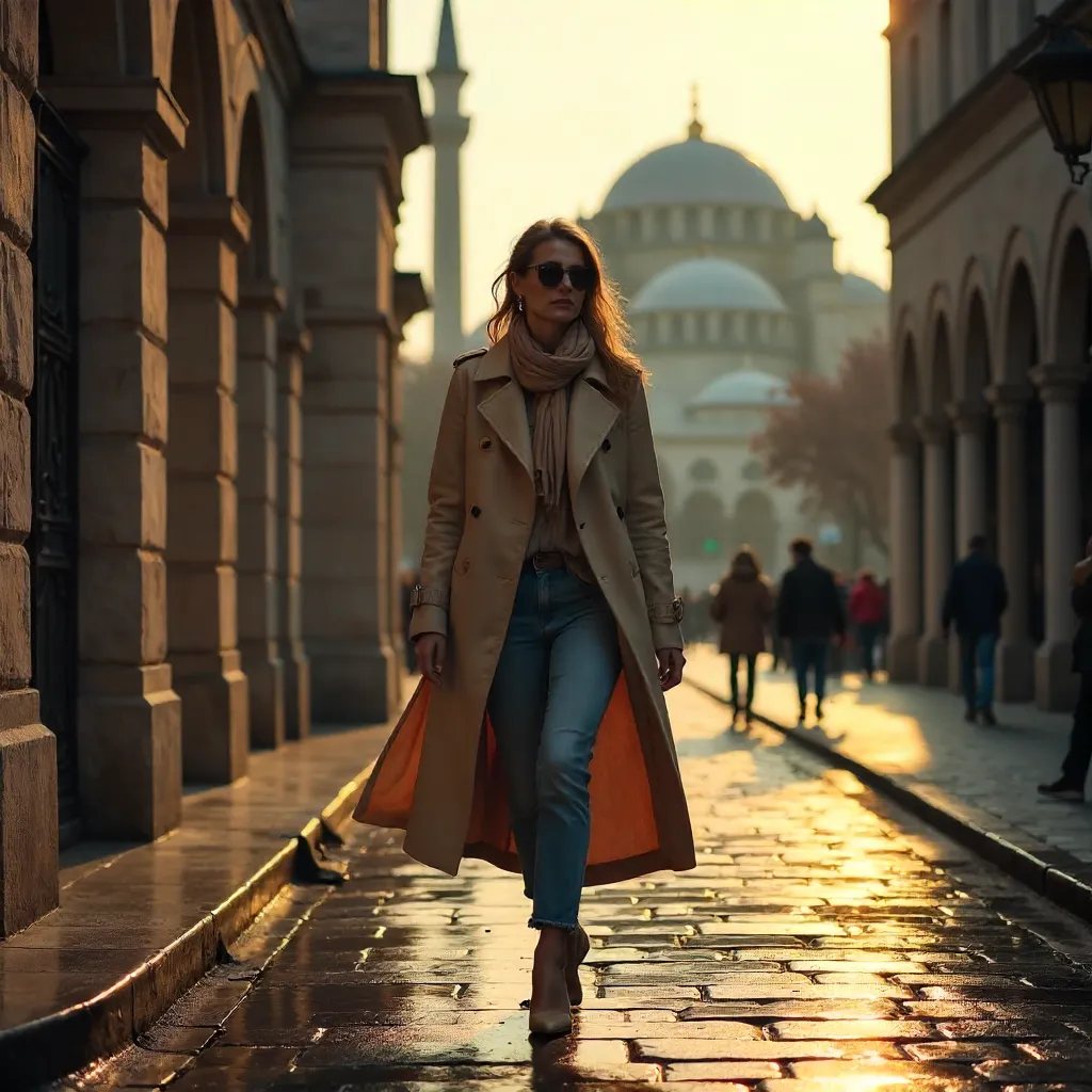Fashionable Woman in a Trench Coat in Istanbul's Architecture
