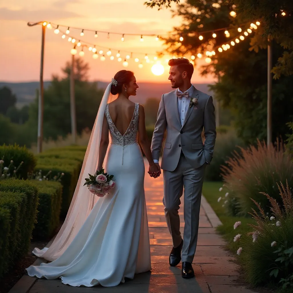Sunset Walk Under Fairy Lights: Wedding Couple