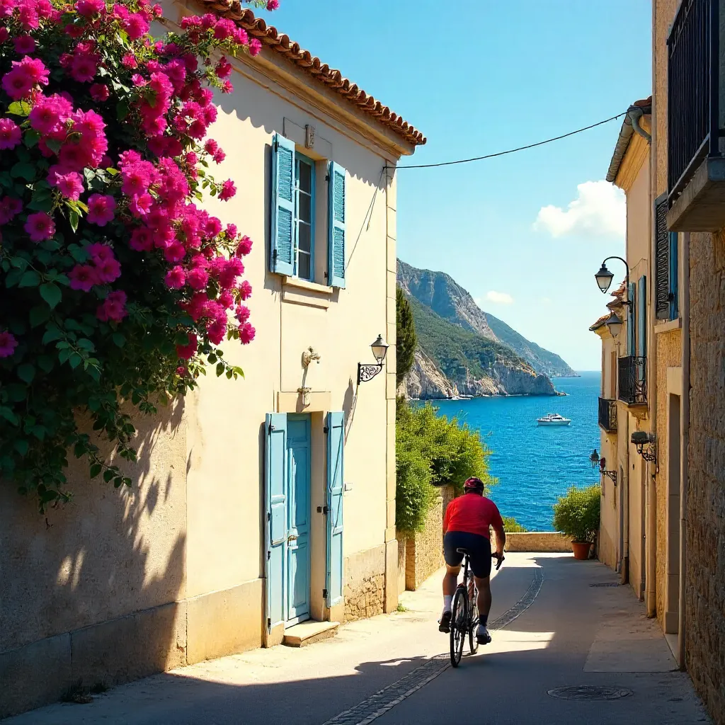 Cyclist in Sunlit Cargèse: Corsican Charm